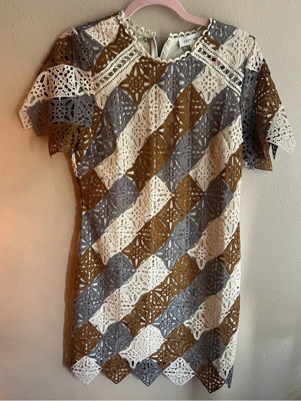 Just Me Brown, Gray & White Lace Diamond Shift Dress